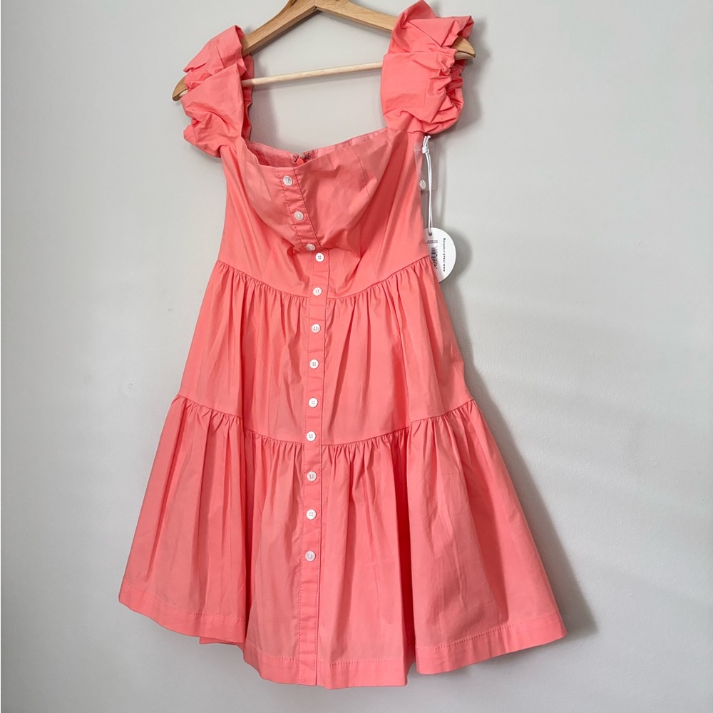 STAUD Elio Tiered Off Shoulder Mini Coquette Style Dress in Grapefruit